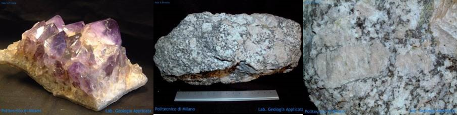 Campioni (da sinistra verso destra): ametista, granodiorite, dettaglio della granodiorite con grossi minerali di K-feldspato