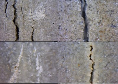 Autoriparazione delle fissure in diverse condizioni di esposizione. Un mese in acqua (sinistra); un mese esposto a cicli asciutto/bagnato (destra)