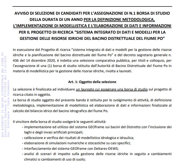 Notice of selection for n.°1 Scholarship